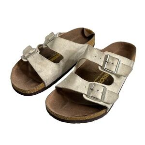 Birkenstock Arizona Suede Sandals Size 35 L 4 Narrow Soft Footbed Stone Gray
